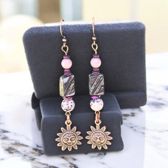 Hand Crafted Jewelry - Handcrafted Sun Charm Dangle Earrings in Purple and Copper